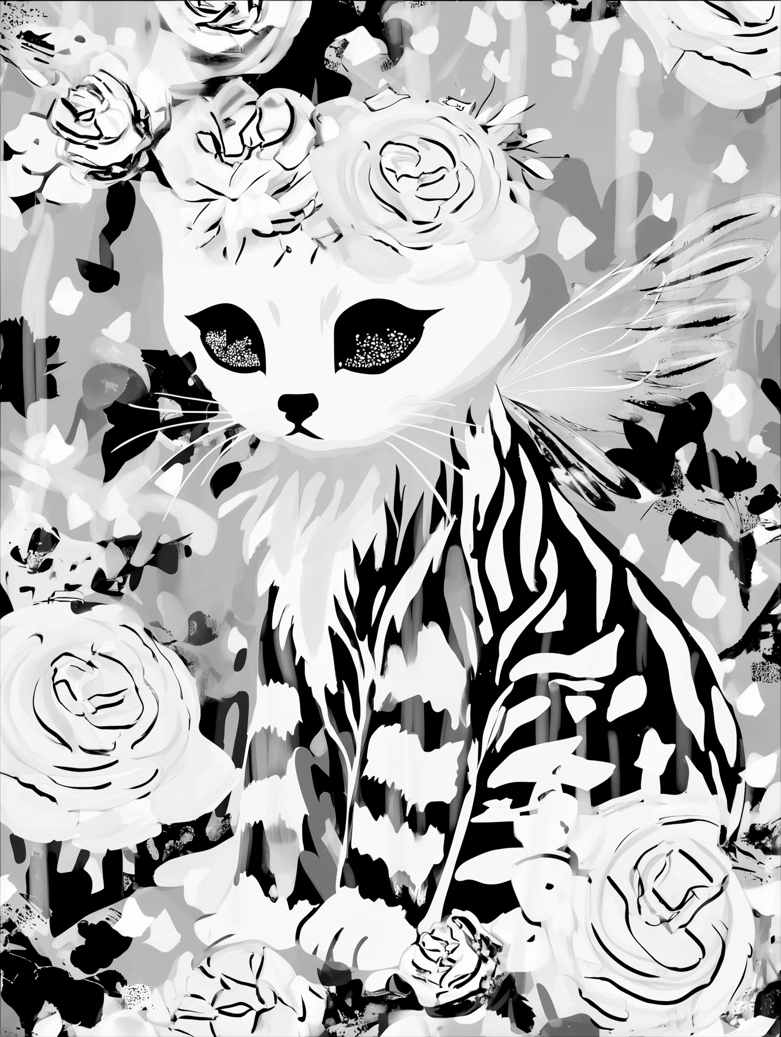 Free printable kitten coloring page featuring winged cat with roses